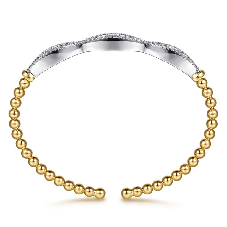 14K White  Yellow Gold Bujukan Beaded Diamond Cuff Bangle Bracelet - 1.25 ct - Shot 3