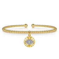 14K White-Yellow Gold Bujukan Beaded Diamond Evil Eye Charm Cuff Bangle Bracelet