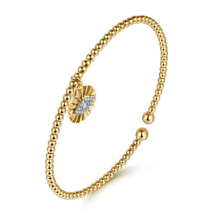 14K White-Yellow Gold Bujukan Beaded Diamond Evil Eye Charm Cuff Bangle Bracelet