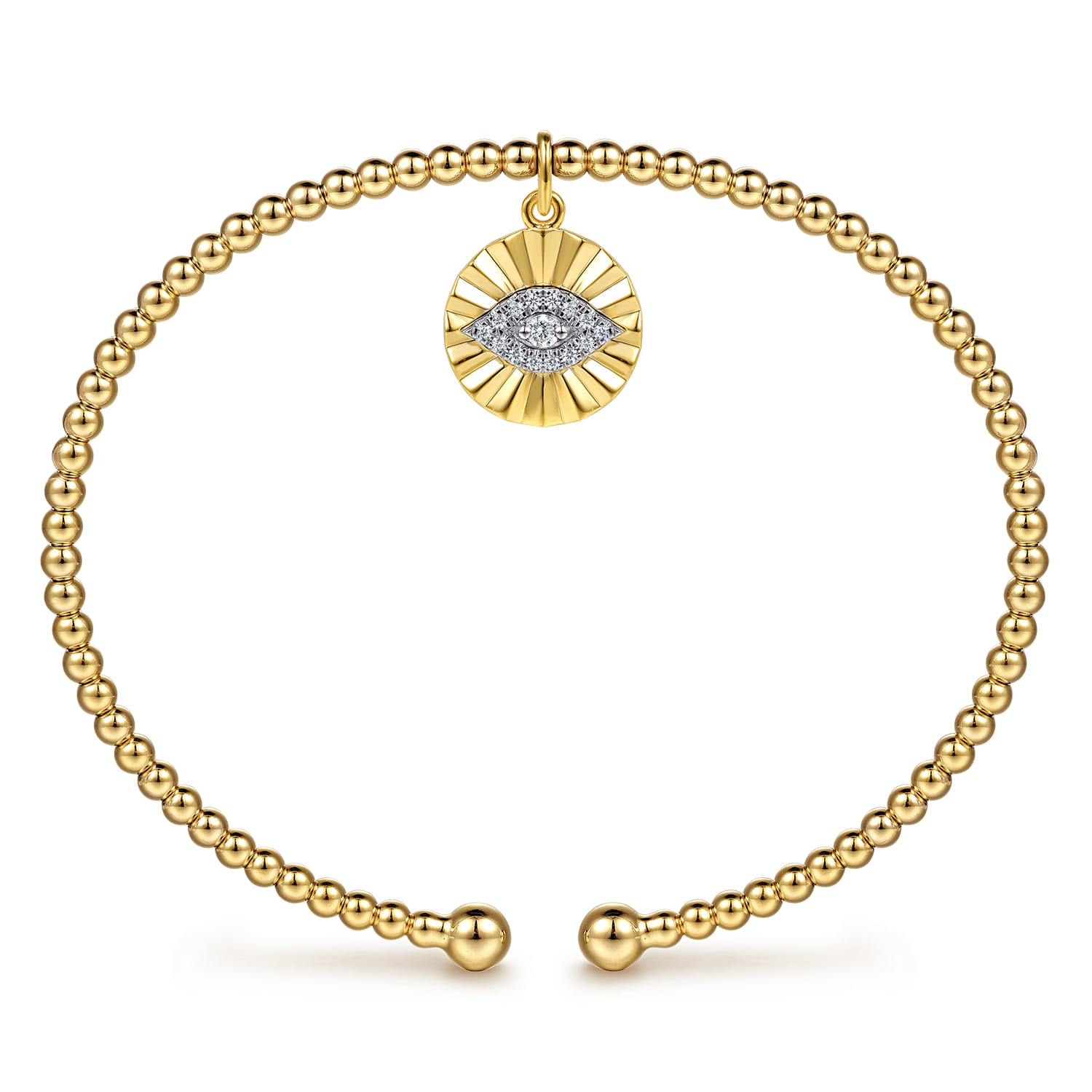 14K White-Yellow Gold Bujukan Beaded Diamond Evil Eye Charm Cuff Bangle Bracelet - 0.08 ct - Shot 3