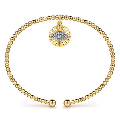 14K White-Yellow Gold Bujukan Beaded Diamond Evil Eye Charm Cuff Bangle Bracelet