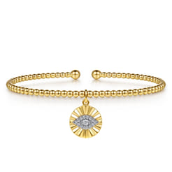 14K White-Yellow Gold Bujukan Beaded Diamond Evil Eye Charm Cuff Bangle Bracelet