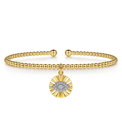 14K White-Yellow Gold Bujukan Beaded Diamond Evil Eye Charm Cuff Bangle Bracelet