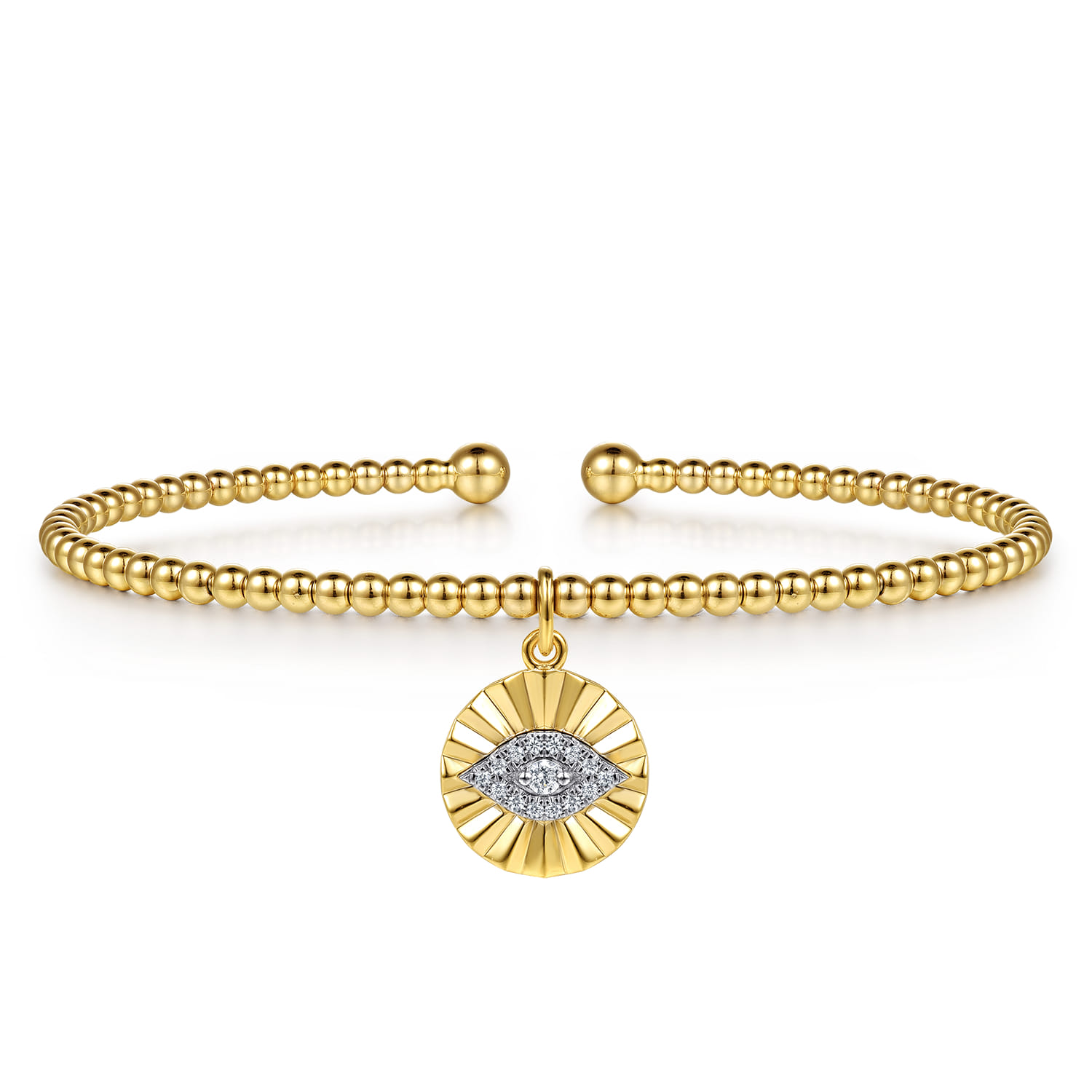 14K White  Yellow Gold Bujukan Beaded Diamond Evil Eye Cuff Bangle Bracelet - 0.08 ct - Shot 1
