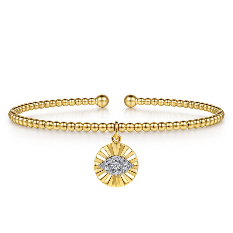 14K White  Yellow Gold Bujukan Beaded Diamond Evil Eye Cuff Bangle Bracelet - 0.08 ct - Shot 1