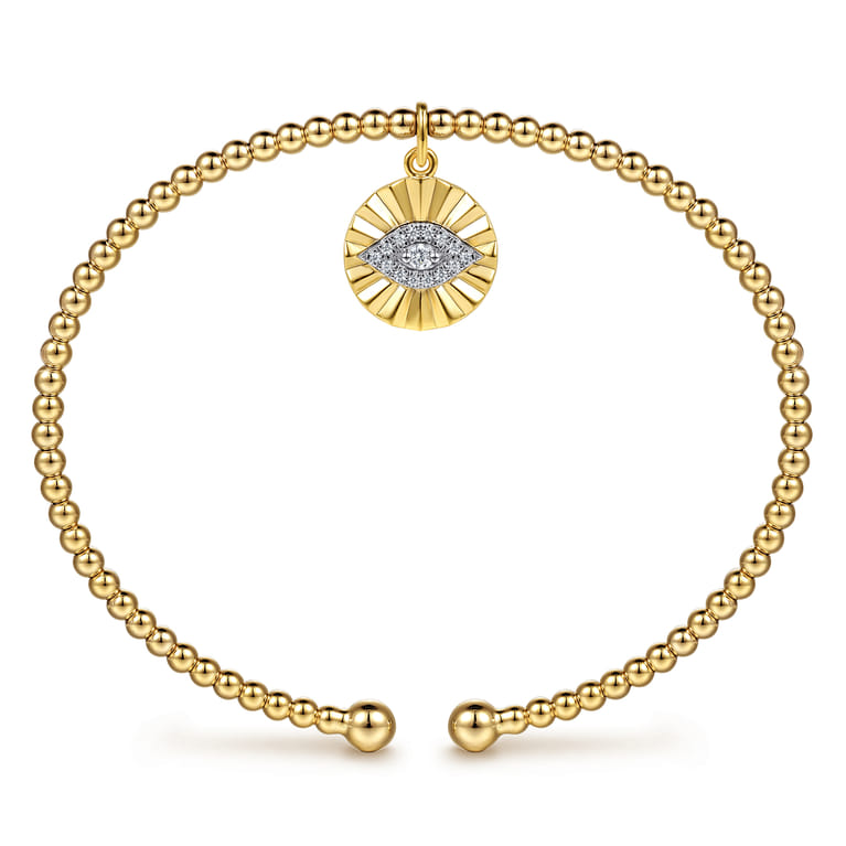 14K White  Yellow Gold Bujukan Beaded Diamond Evil Eye Cuff Bangle Bracelet - 0.08 ct - Shot 3