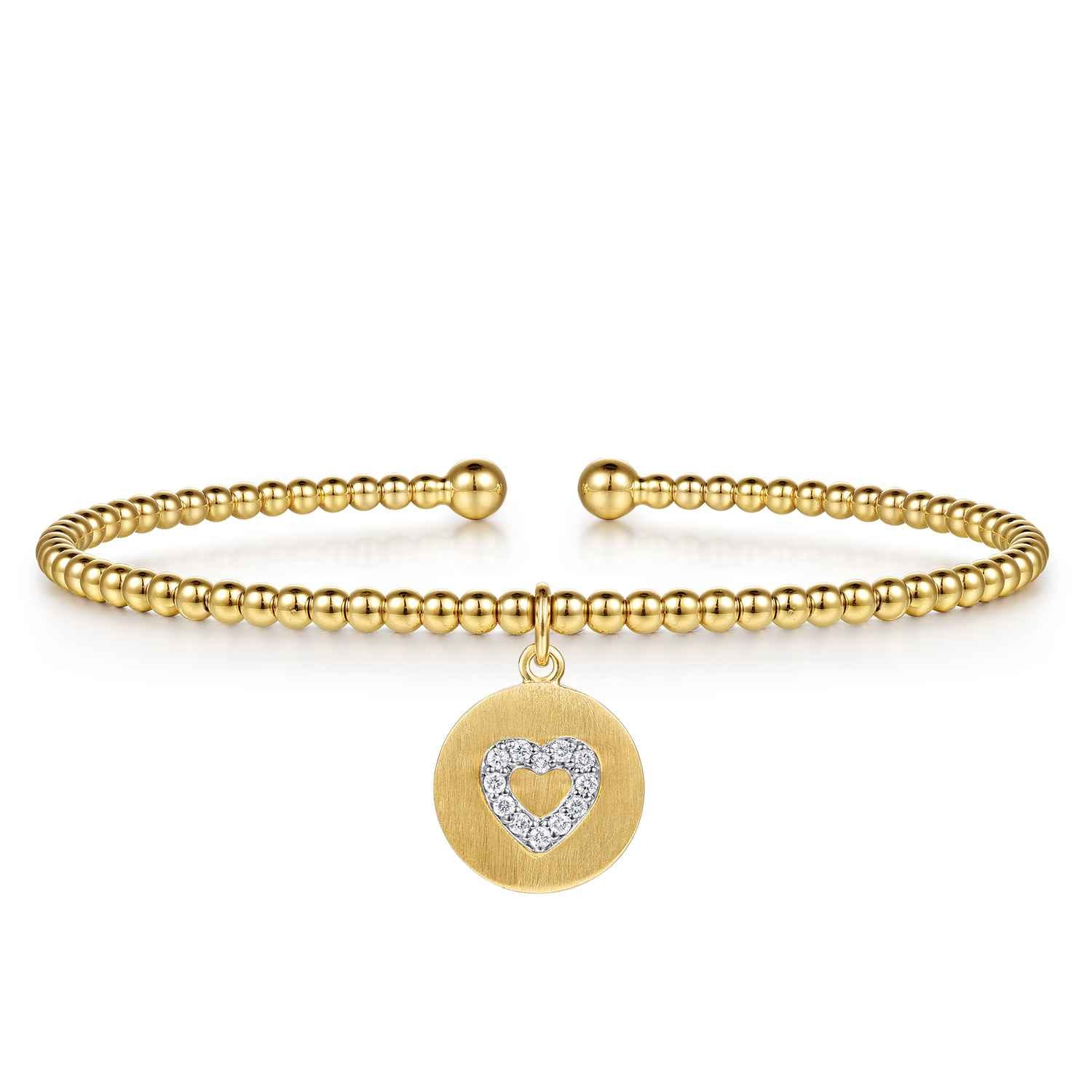 14K White  Yellow Gold Bujukan Beaded Diamond Heart Cuff Bangle Bracelet - 0.07 ct - Shot 1