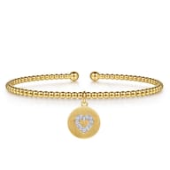 14K White  Yellow Gold Bujukan Beaded Diamond Heart Cuff Bangle Bracelet