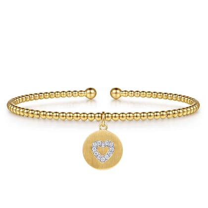 14K White  Yellow Gold Bujukan Beaded Diamond Heart Cuff Bangle Bracelet