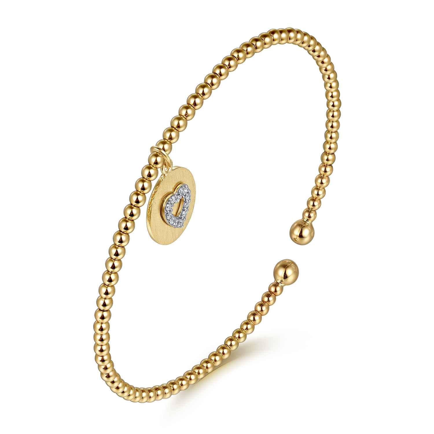 14K White  Yellow Gold Bujukan Beaded Diamond Heart Cuff Bangle Bracelet - 0.07 ct - Shot 2