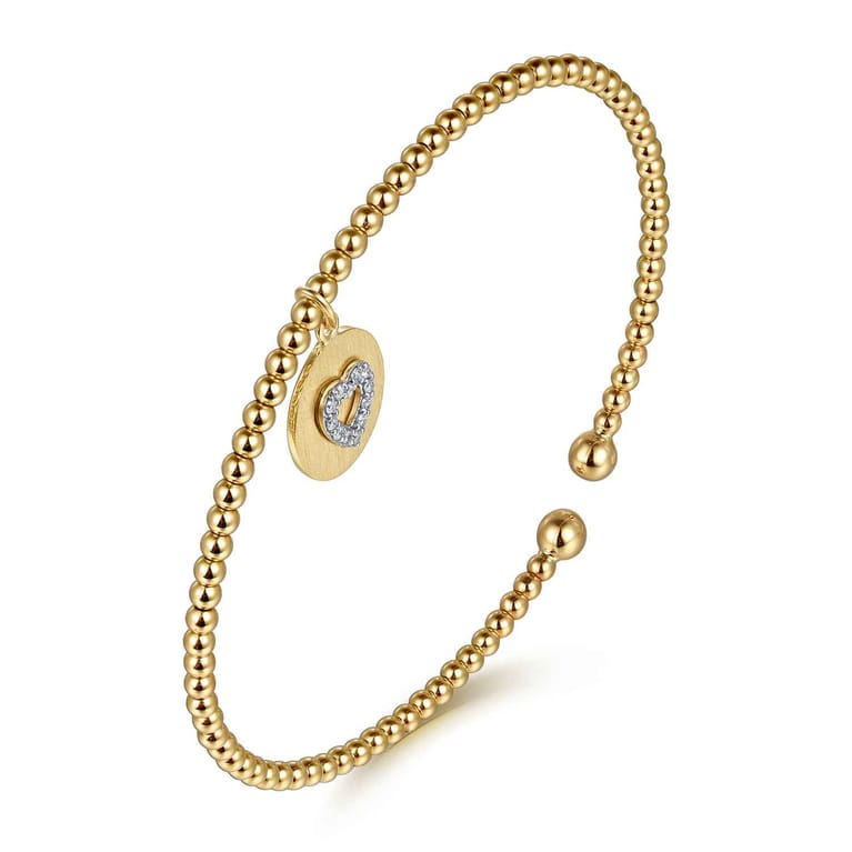 14K White  Yellow Gold Bujukan Beaded Diamond Heart Cuff Bangle Bracelet - 0.07 ct - Shot 2