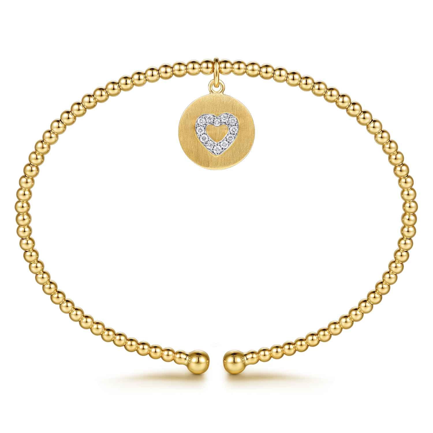 14K White  Yellow Gold Bujukan Beaded Diamond Heart Cuff Bangle Bracelet - 0.07 ct - Shot 3