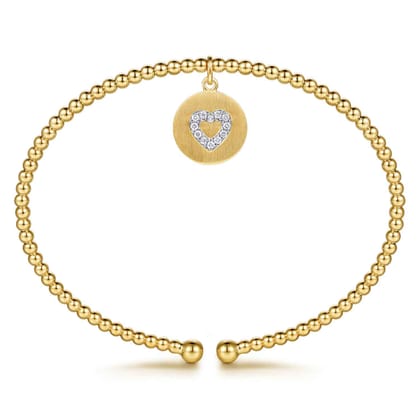 14K White  Yellow Gold Bujukan Beaded Diamond Heart Cuff Bangle Bracelet