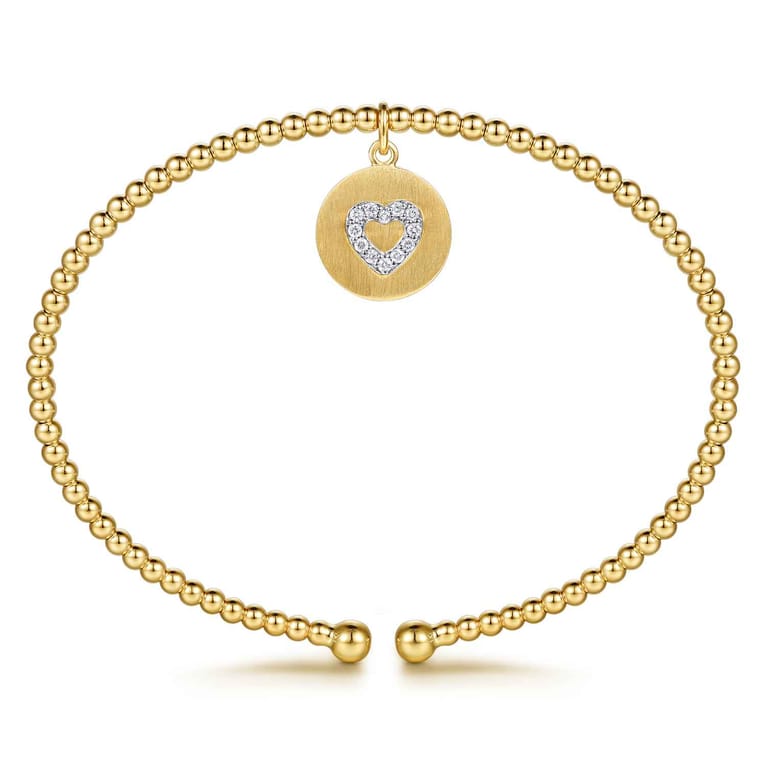 14K White  Yellow Gold Bujukan Beaded Diamond Heart Cuff Bangle Bracelet - 0.07 ct - Shot 3