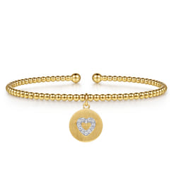 14K White  Yellow Gold Bujukan Beaded Diamond Heart Cuff Bangle Bracelet