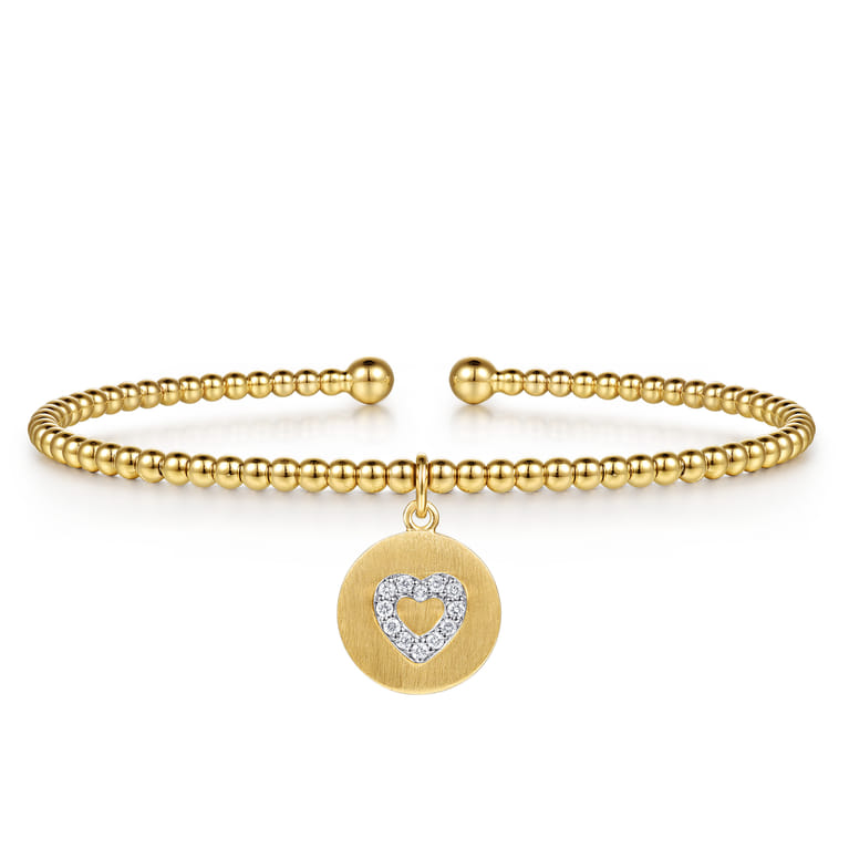 14K White  Yellow Gold Bujukan Beaded Diamond Heart Cuff Bangle Bracelet - 0.07 ct - Shot 1