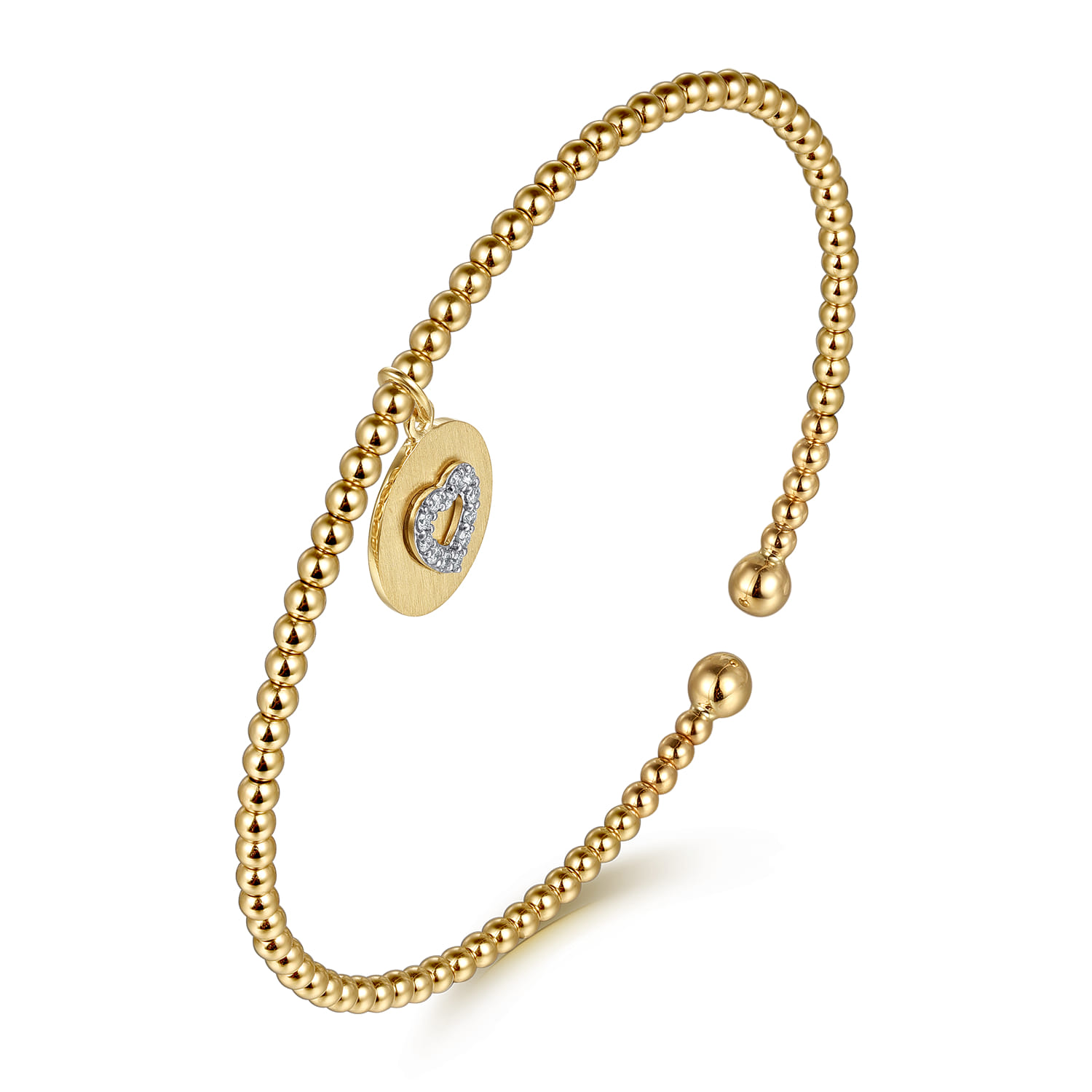 14K White  Yellow Gold Bujukan Beaded Diamond Heart Cuff Bangle Bracelet - 0.07 ct - Shot 2