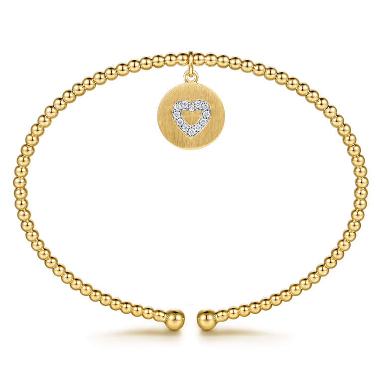 14K White  Yellow Gold Bujukan Beaded Diamond Heart Cuff Bangle Bracelet - 0.07 ct - Shot 3