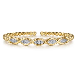 14K White  Yellow Gold Bujukan Beaded Diamond Marquise Cuff Bangle Bracelet