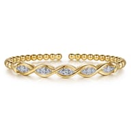 14K White  Yellow Gold Bujukan Beaded Diamond Marquise Cuff Bangle Bracelet