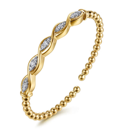 14K White  Yellow Gold Bujukan Beaded Diamond Marquise Cuff Bangle Bracelet