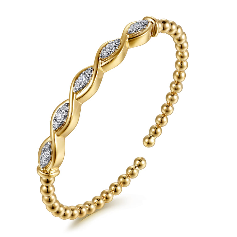 14K White  Yellow Gold Bujukan Beaded Diamond Marquise Cuff Bangle Bracelet - 0.5 ct - Shot 2