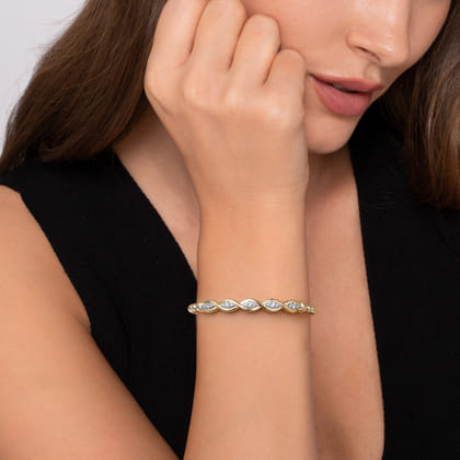 14K White  Yellow Gold Bujukan Beaded Diamond Marquise Cuff Bangle Bracelet