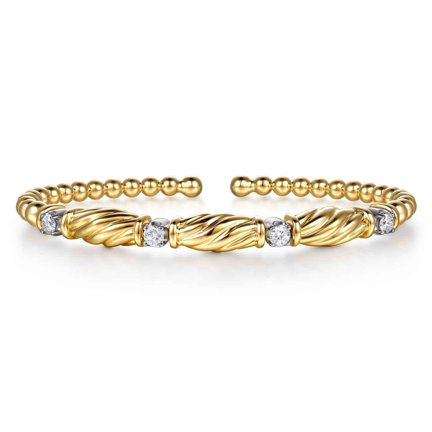 14K White Yellow Gold Bujukan Beaded Diamond Station Cuff Bangle Bracelet - 0.35 ct - Shot 1