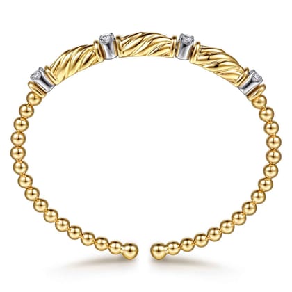 14K White Yellow Gold Bujukan Beaded Diamond Station Cuff Bangle Bracelet