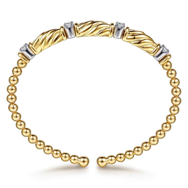 14K White Yellow Gold Bujukan Beaded Diamond Station Cuff Bangle Bracelet - 0.35 ct - Shot 3