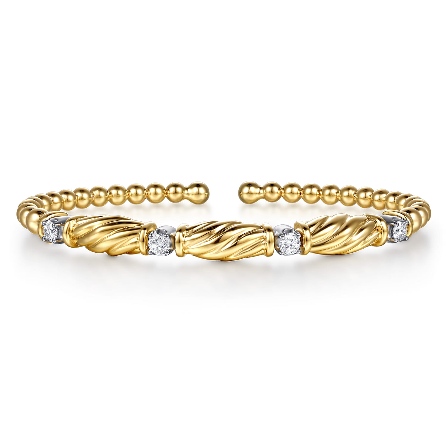 14K White Yellow Gold Bujukan Beaded Diamond Station Cuff Bangle Bracelet - 0.35 ct - Shot 1