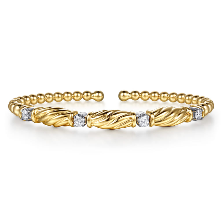 14K White Yellow Gold Bujukan Beaded Diamond Station Cuff Bangle Bracelet - 0.35 ct - Shot 1