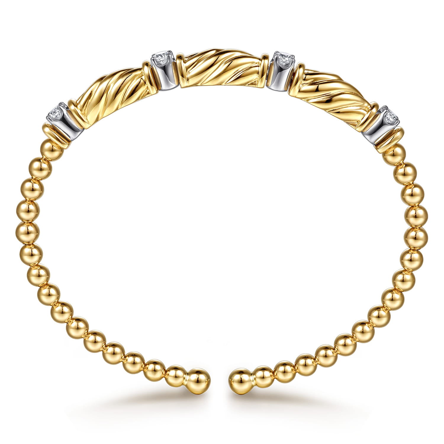 14K White Yellow Gold Bujukan Beaded Diamond Station Cuff Bangle Bracelet - 0.35 ct - Shot 3