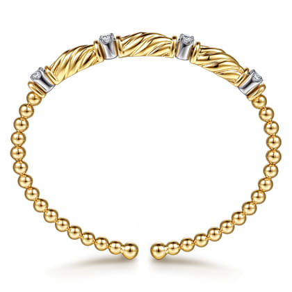 14K White Yellow Gold Bujukan Beaded Diamond Station Cuff Bangle Bracelet