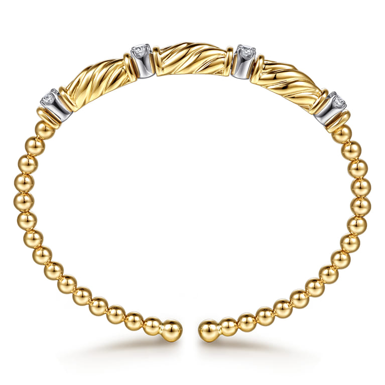 14K White Yellow Gold Bujukan Beaded Diamond Station Cuff Bangle Bracelet - 0.35 ct - Shot 3