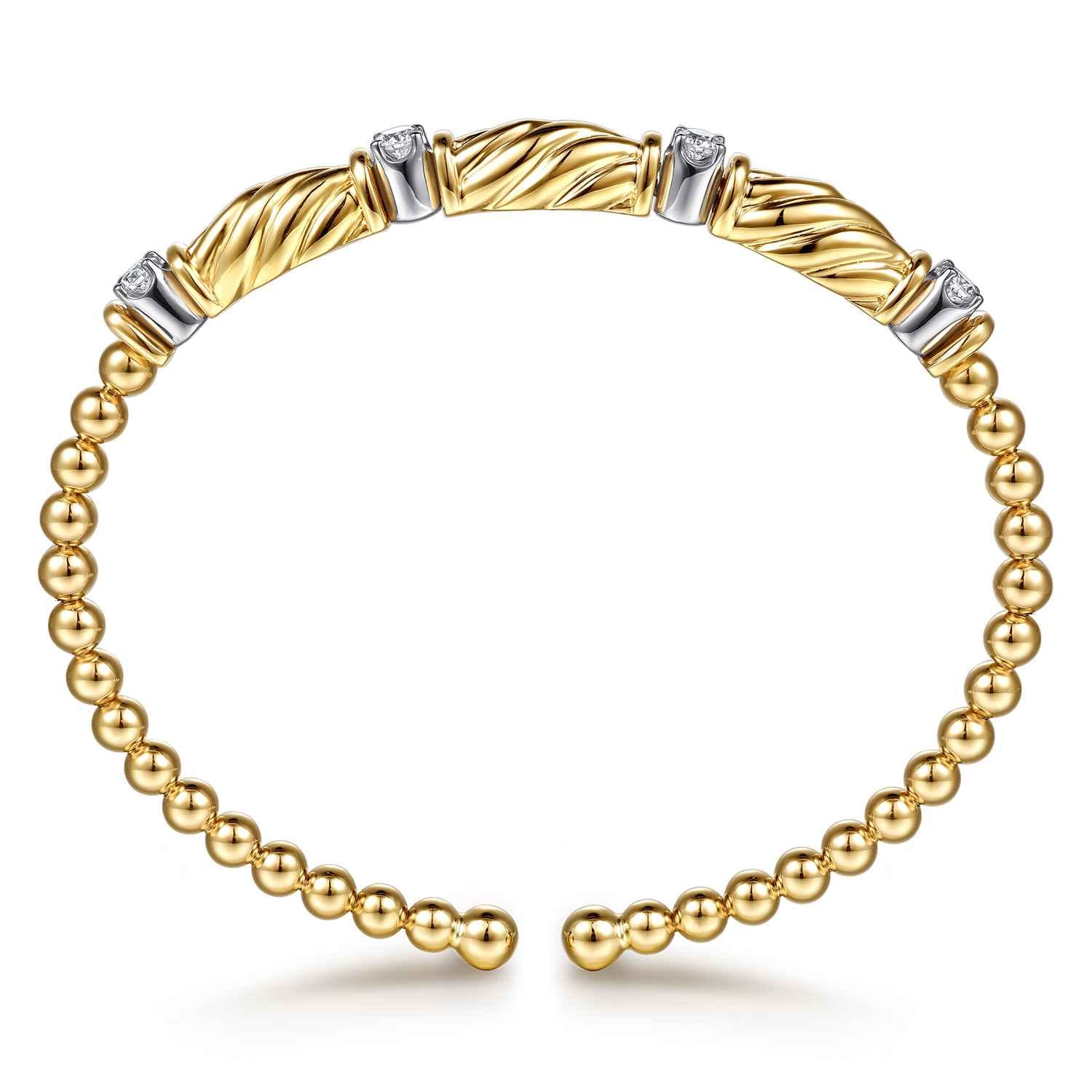 14K White Yellow Gold Bujukan Beaded Diamond Station Cuff Bangle Bracelet - 0.35 ct - Shot 3