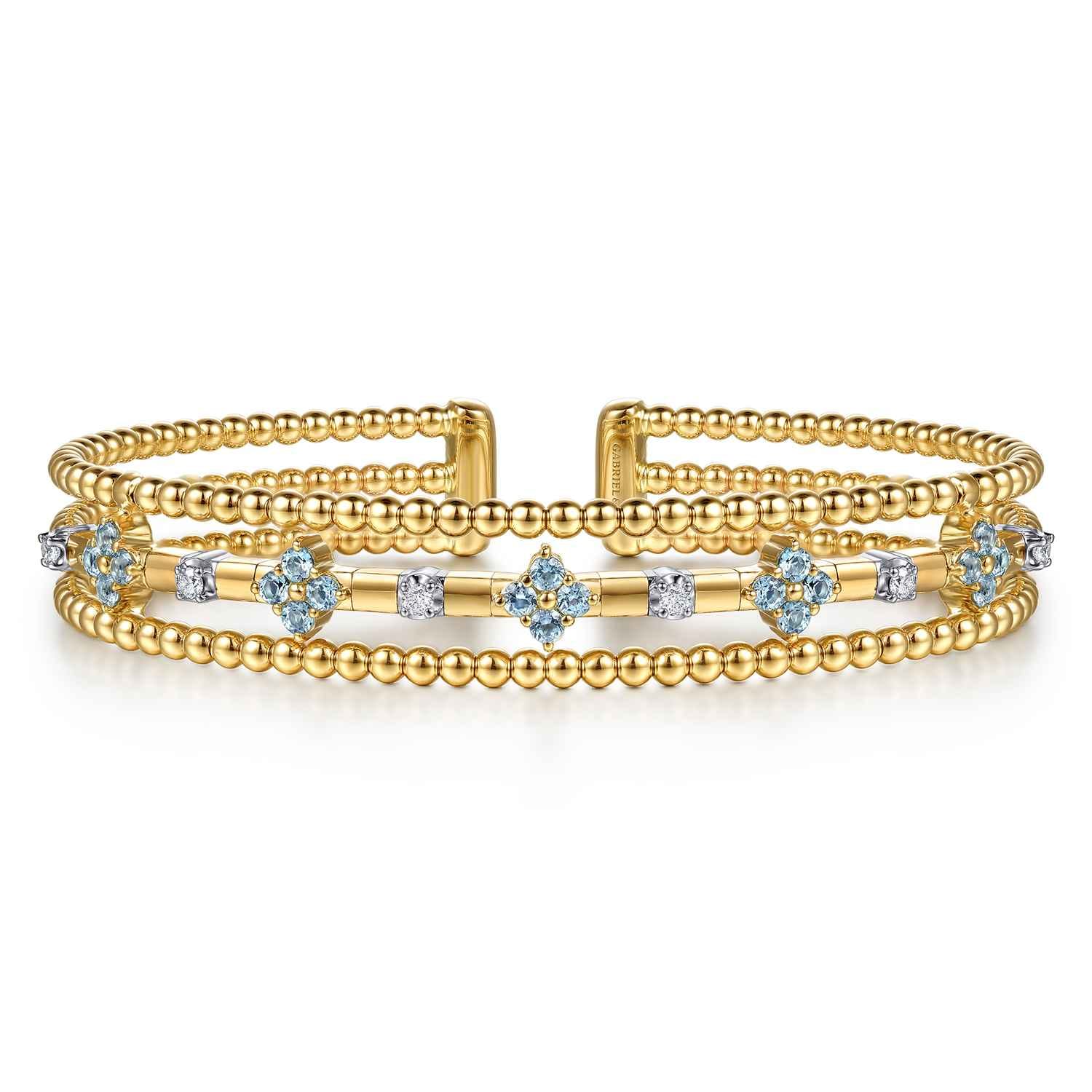 14K White  Yellow Gold Bujukan Beaded Diamond and Blue Topaz Flower Cuff Bangle Bracelet - 0.15 ct - Shot 1