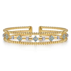 14K White  Yellow Gold Bujukan Beaded Diamond and Blue Topaz Flower Cuff Bangle Bracelet