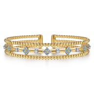 14K White  Yellow Gold Bujukan Beaded Diamond and Blue Topaz Flower Cuff Bangle Bracelet