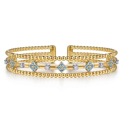14K White  Yellow Gold Bujukan Beaded Diamond and Blue Topaz Flower Cuff Bangle Bracelet