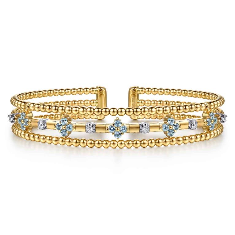 14K White  Yellow Gold Bujukan Beaded Diamond and Blue Topaz Flower Cuff Bangle Bracelet - 0.15 ct - Shot 1
