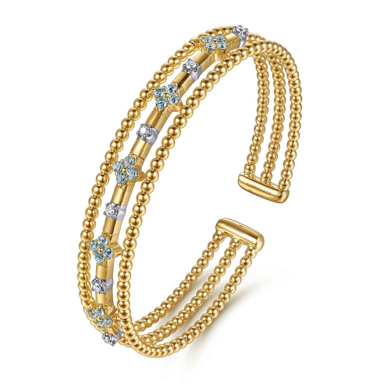 14K White  Yellow Gold Bujukan Beaded Diamond and Blue Topaz Flower Cuff Bangle Bracelet - 0.15 ct - Shot 2