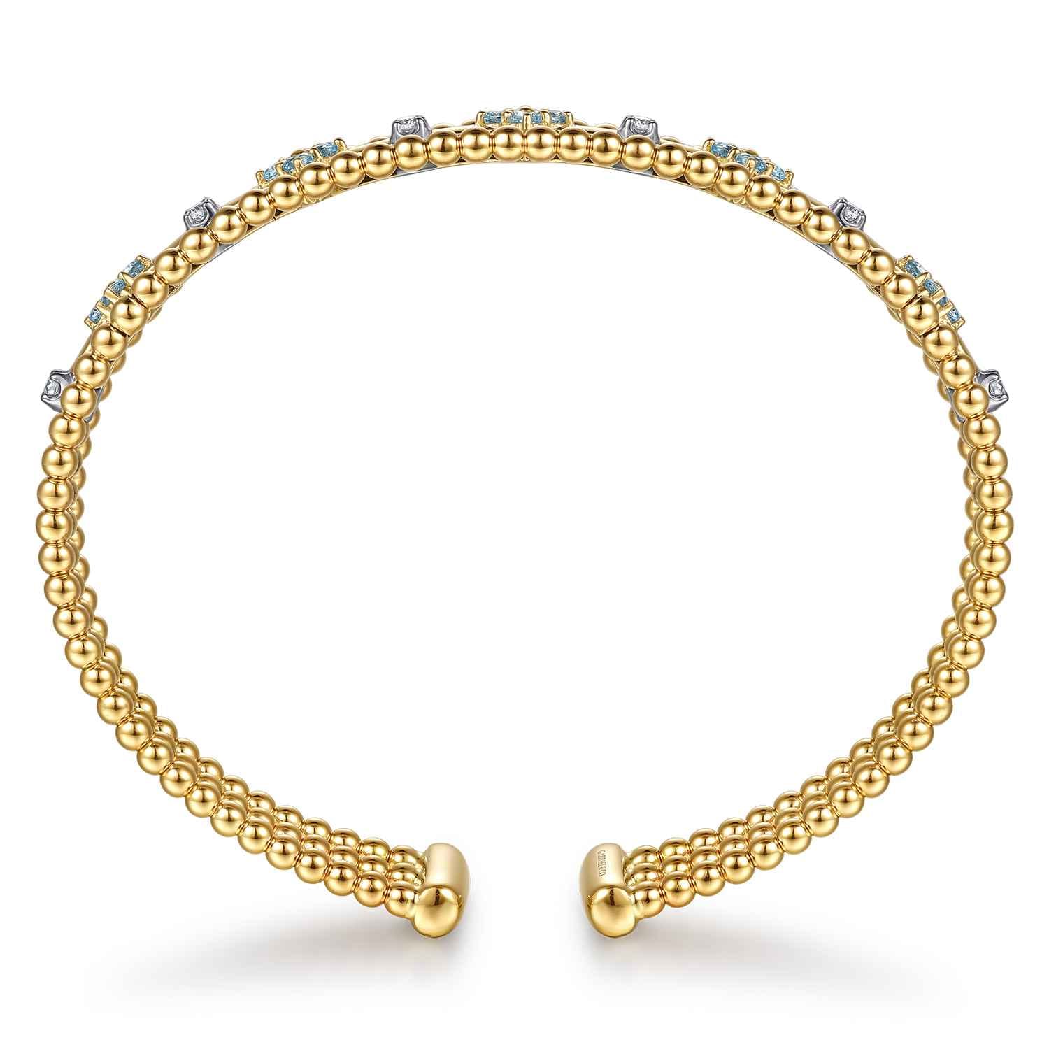 14K White  Yellow Gold Bujukan Beaded Diamond and Blue Topaz Flower Cuff Bangle Bracelet - 0.15 ct - Shot 3