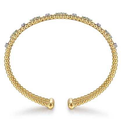 14K White  Yellow Gold Bujukan Beaded Diamond and Blue Topaz Flower Cuff Bangle Bracelet