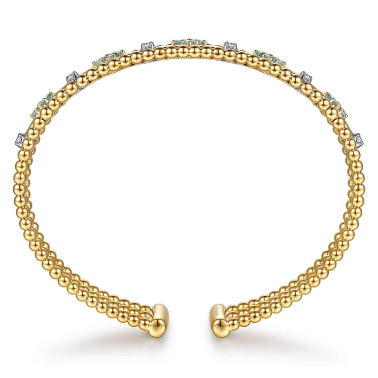 14K White  Yellow Gold Bujukan Beaded Diamond and Blue Topaz Flower Cuff Bangle Bracelet - 0.15 ct - Shot 3