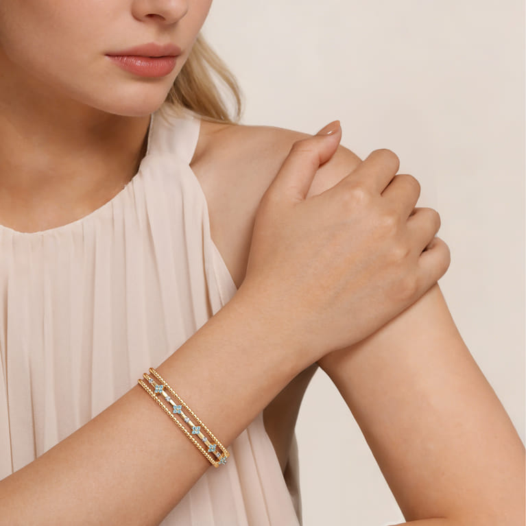 14K White  Yellow Gold Bujukan Beaded Diamond and Blue Topaz Flower Cuff Bangle Bracelet - 0.15 ct - Shot 4
