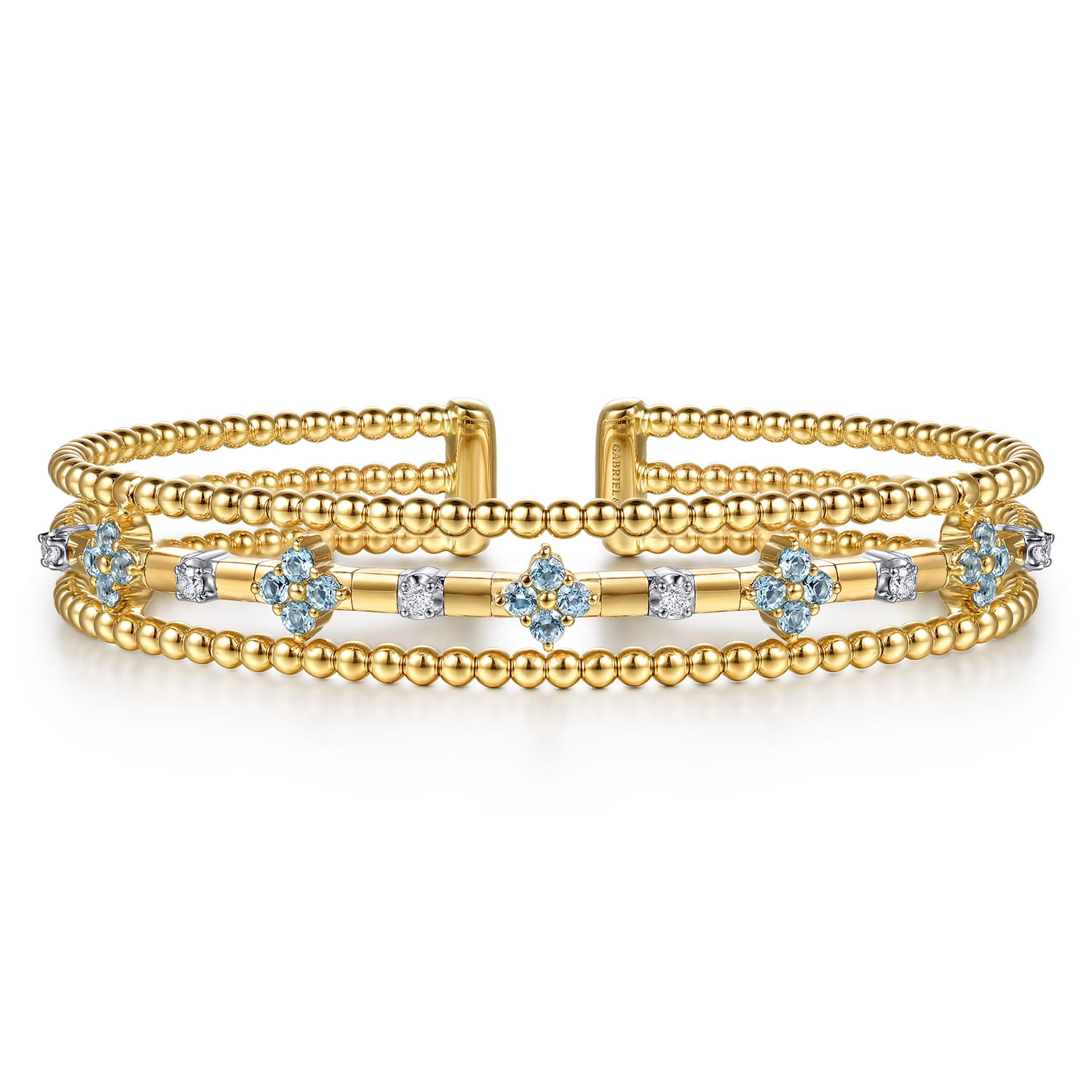 14K White  Yellow Gold Bujukan Beaded Diamond and Blue Topaz Flower Cuff Bangle Bracelet - 0.15 ct - Shot 1