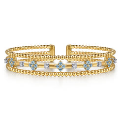 14K White  Yellow Gold Bujukan Beaded Diamond and Blue Topaz Flower Cuff Bangle Bracelet