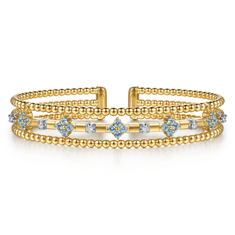 14K White  Yellow Gold Bujukan Beaded Diamond and Blue Topaz Flower Cuff Bangle Bracelet - 0.15 ct - Shot 1