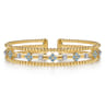 14K White  Yellow Gold Bujukan Beaded Diamond and Blue Topaz Flower Cuff Bangle Bracelet - 0.15 ct